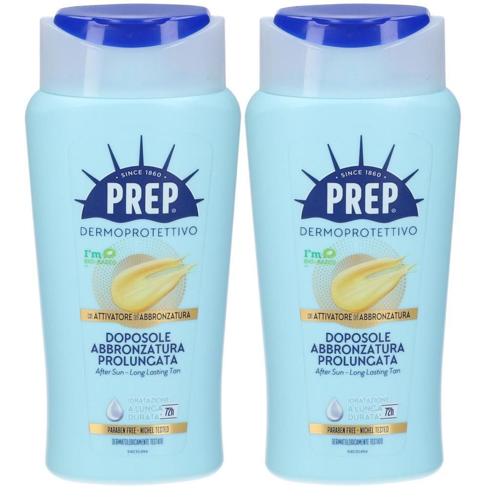 Due flaconi azzurri Prep Dermoprotettivo con tappo blu. Doposole per un'abbronzatura prolungata.