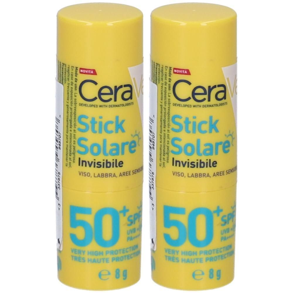 Due stick solari CeraVe SPF 50+ gialli. Ciascuno 8g. Altissima protezione viso, labbra, aree sensibili.