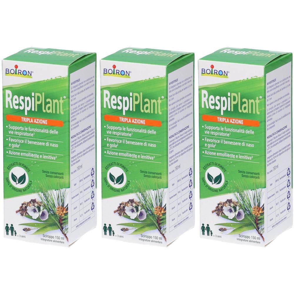 Tre confezioni di BOIRON RespiPlant con ingredienti vegetali per il supporto respiratorio.