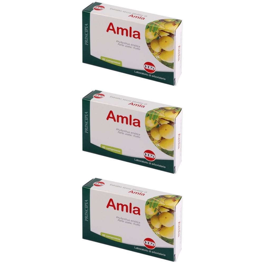 Tre confezioni di KOS Amla Compresse con immagine di frutti di Amla.