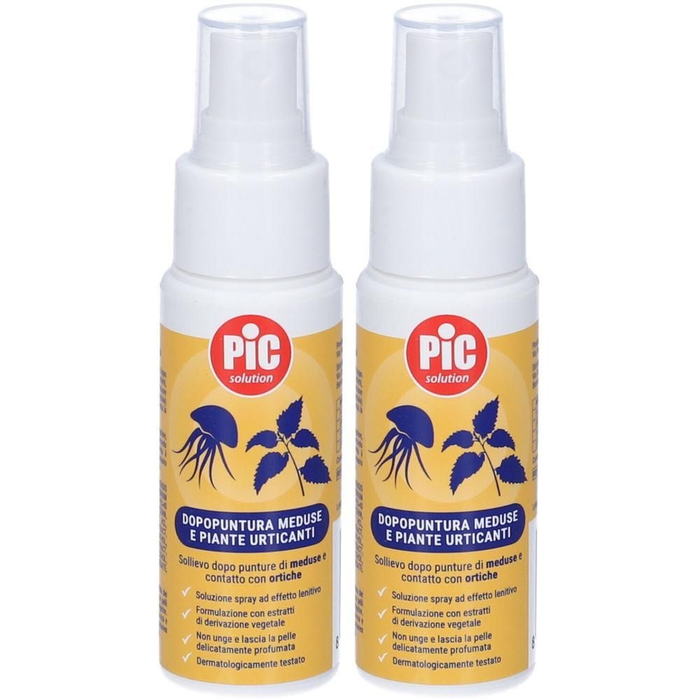 Due flaconi spray con immagini di meduse e ortiche. Etichetta: "Dopopuntura Meduse E Piante Urticanti".