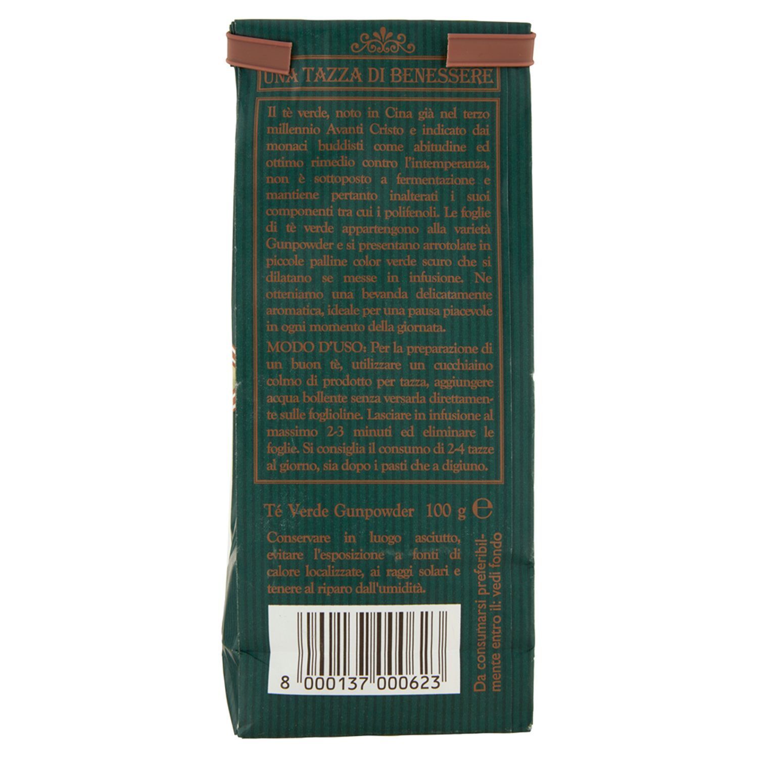 Retro di una confezione di Tè Verde Equilibra®, 100g, con informazioni sul prodotto.