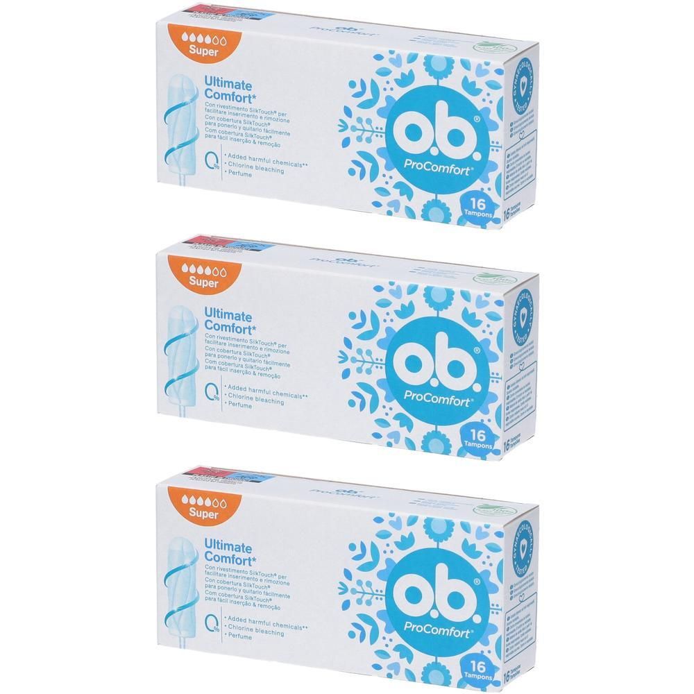 Tre confezioni di assorbenti O.B. ProComfort Super, 16 assorbenti per confezione. Confezione blu e bianca con motivo floreale.