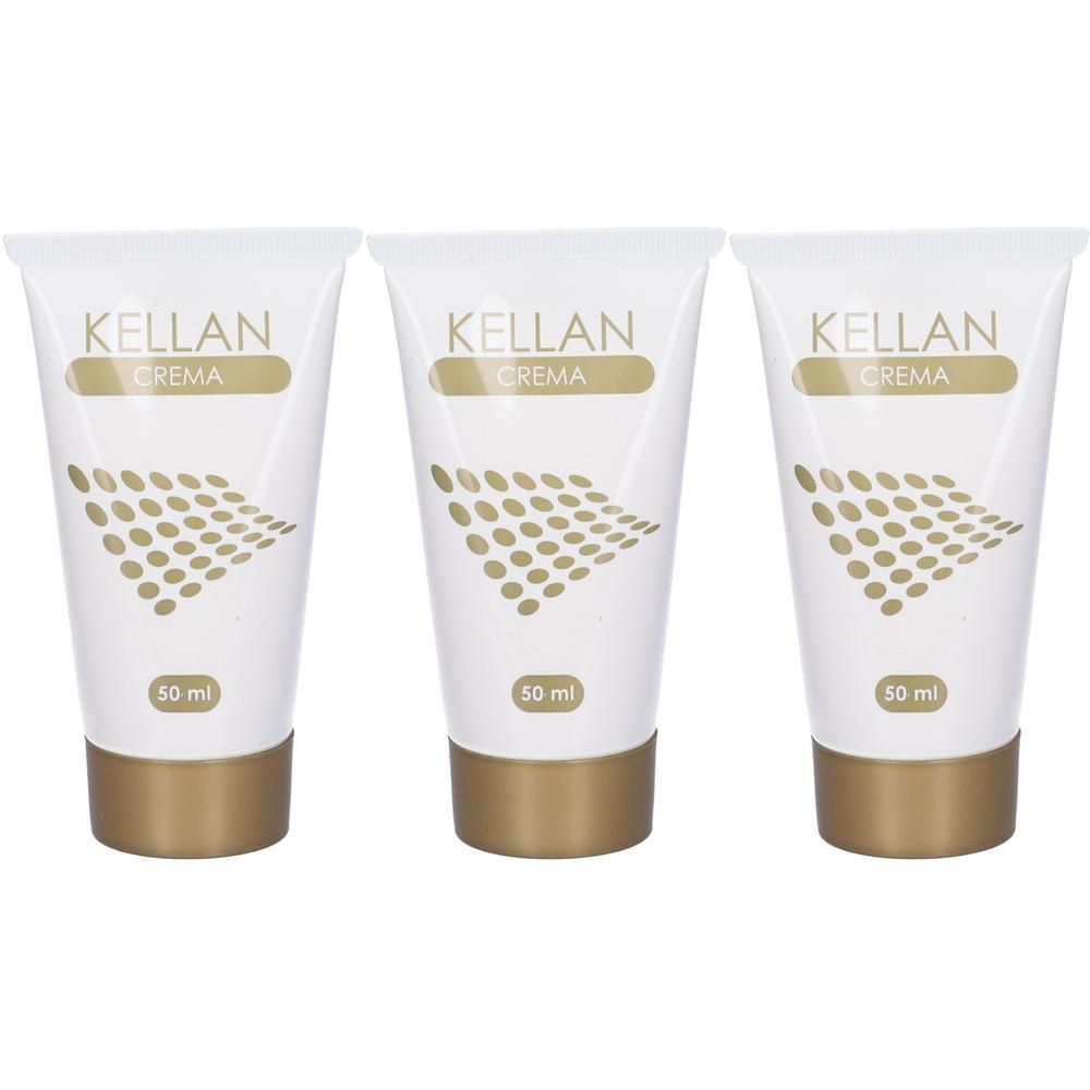 Tre tubetti bianchi con tappo dorato, che mostrano Kellan Crema 50 ml.