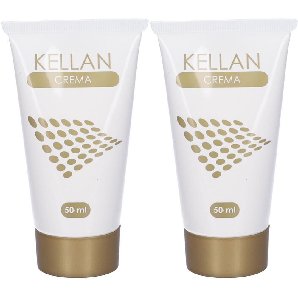 Due tubetti bianchi Kellan Crema con tappo inferiore dorato e motivo.