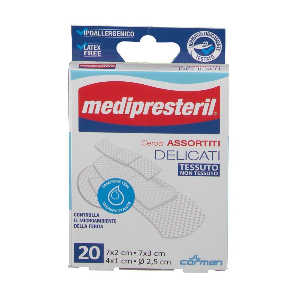 Fronte di una confezione di cerotti Presteril assortiti, 20 pezzi, ipoallergenico, senza lattice.
