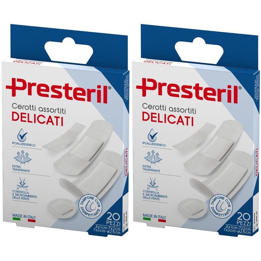 Due confezioni di cerotti Presteril assortiti, 20 pezzi per confezione.