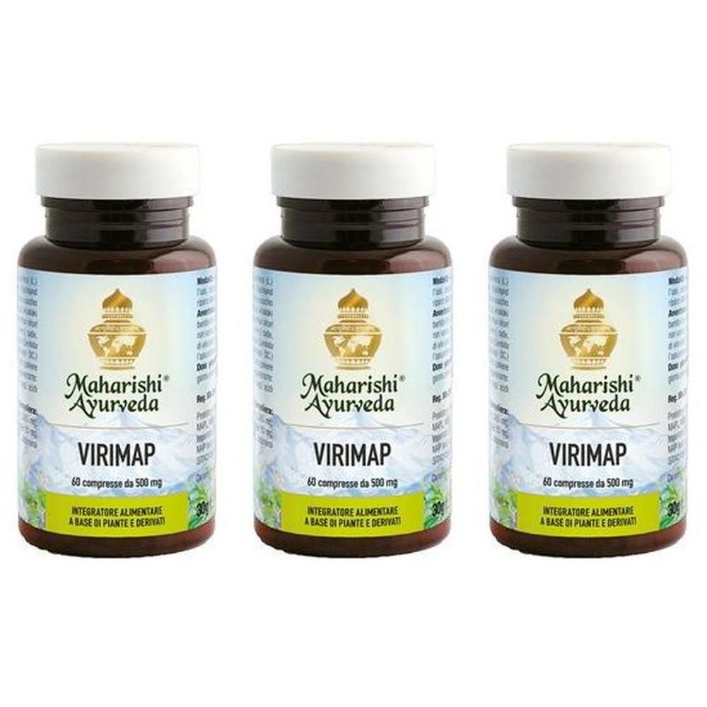 Tre flaconi di Virimap di Maharishi Ayurveda, ognuno contiene 60 compresse.