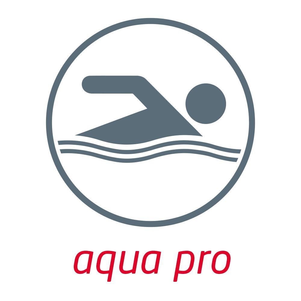 Simbolo di nuoto e testo 'aqua pro'.
