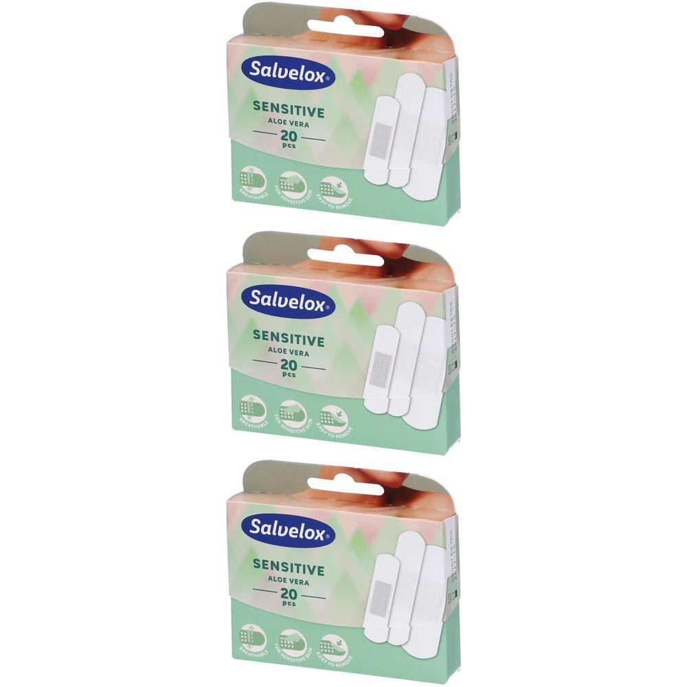 Tre confezioni di cerotti Salvelox Sensitive con Aloe Vera, 20 pezzi per confezione.