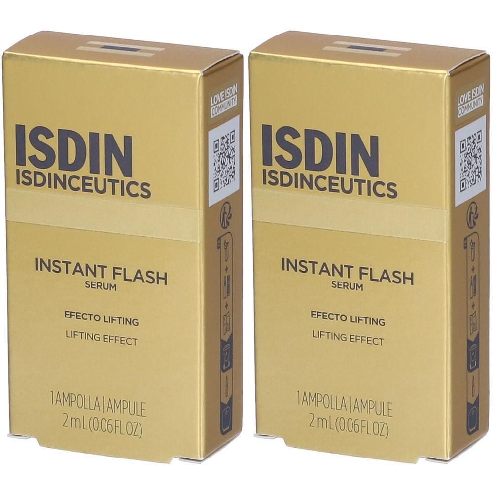 Due scatole dorate per ISDIN Isdinceutics Instant Flash Siero Effetto Lifting, 2 ml ciascuna.