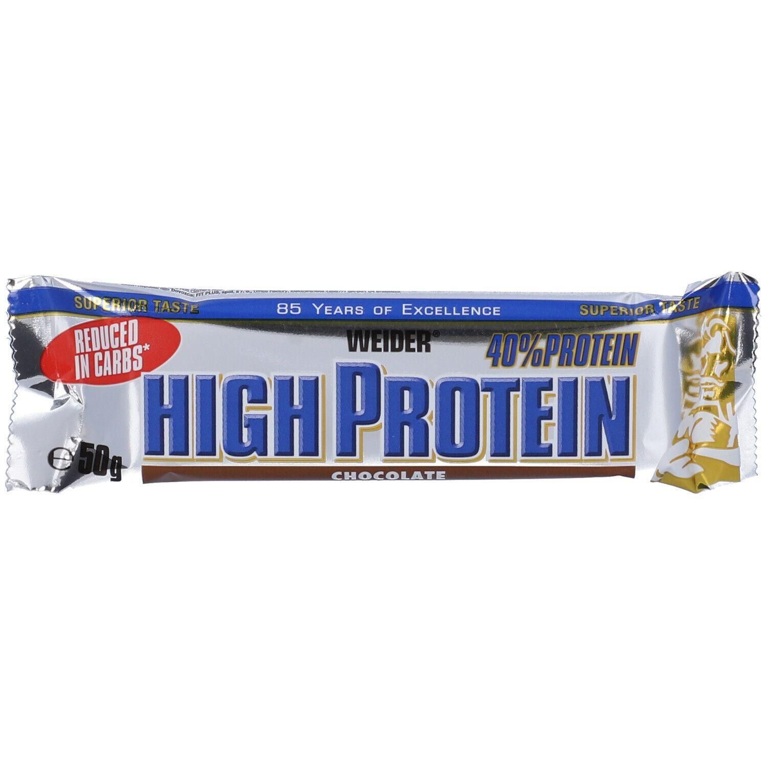 Barretta Weider High Protein, cioccolato, 50g, 40% proteine, ridotto in carboidrati.