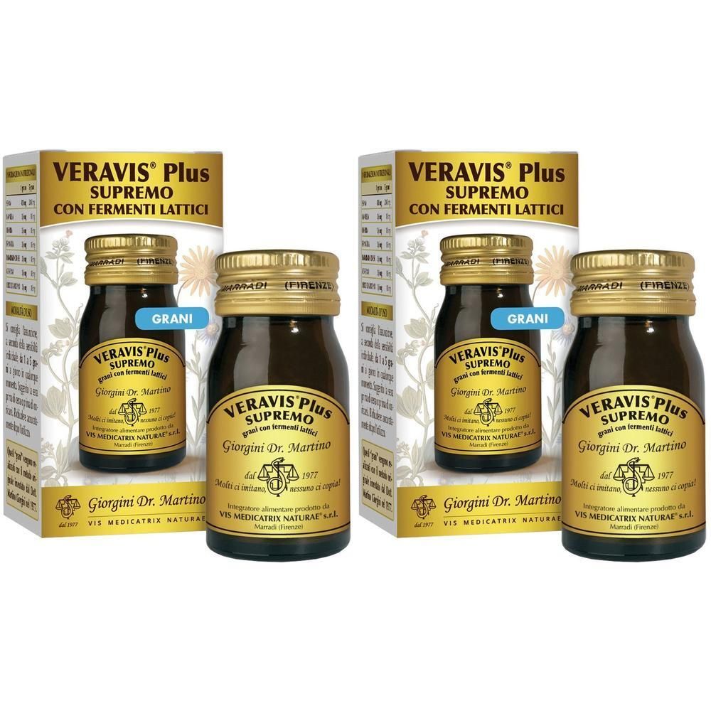 Due flaconi di Veravis Plus Supremo Grani con fermenti lattici, presentati in scatole.