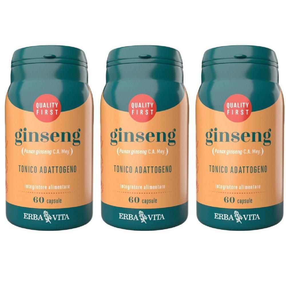 Tre flaconi di capsule di ginseng con etichette che indicano 'Quality First' e 'Erba Vita'.