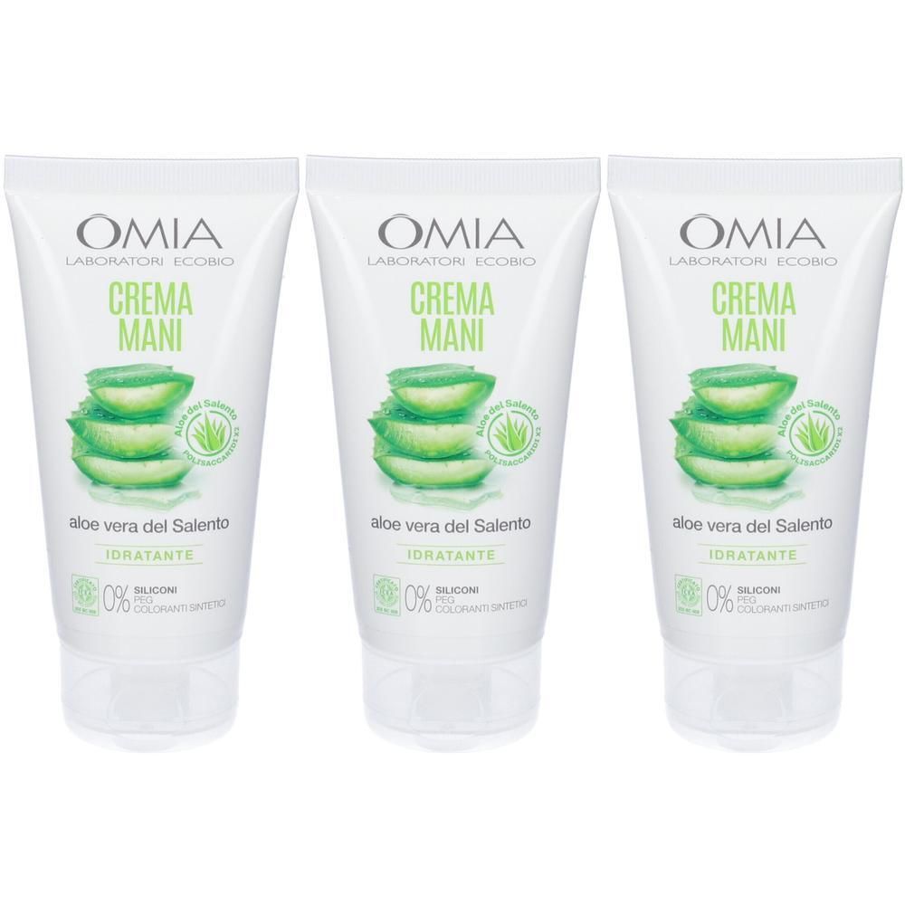 Tre tubetti di crema mani con aloe vera, scritta "Crema Mani" e illustrazione di aloe.