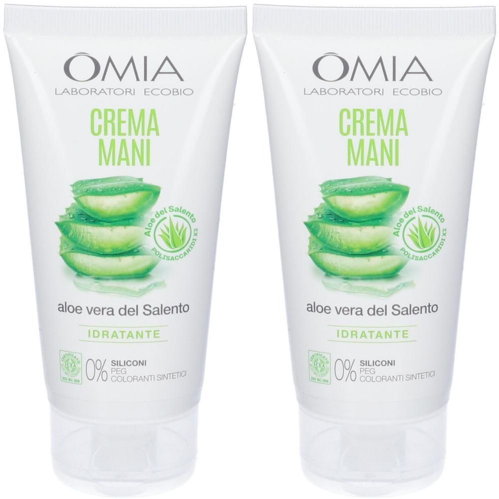 Due tubi di crema mani all'aloe vera. Tubi bianchi con fondo trasparente, illustrazioni di aloe vera e informazioni sul prodotto sul fronte.