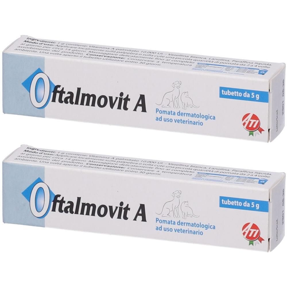 Due tubetti Oftalmovit A, pomata dermatologica ad uso veterinario.
