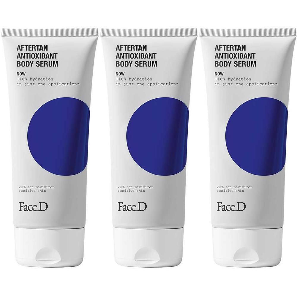 Tre tubi di FaceD Aftertan Antioxidant Body Serum con cerchio blu e testo.