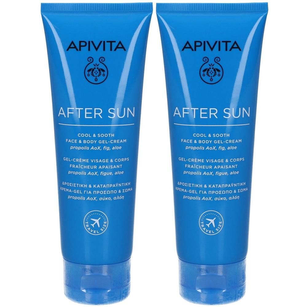 Due tubetti blu di Gel-Crema Apivita Doposole Viso & Corpo. Indicazione "Travel Size".