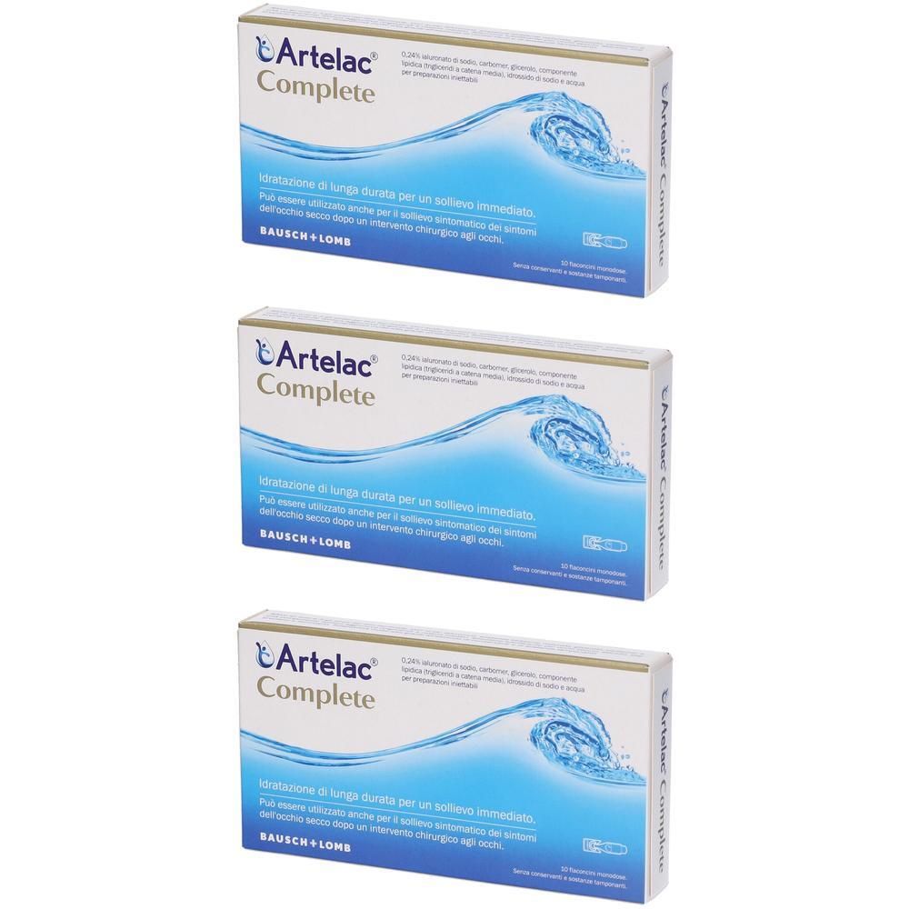 Tre confezioni di Artelac Complete gocce oculari con onda e logo Bausch+Lomb.