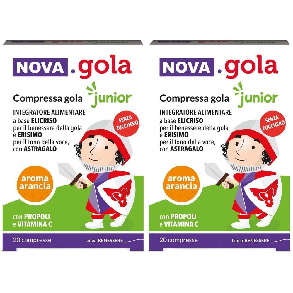 Due confezioni di NOVA.GOLA Junior compresse, gusto arancia, senza zucchero, con propoli e vitamina C.