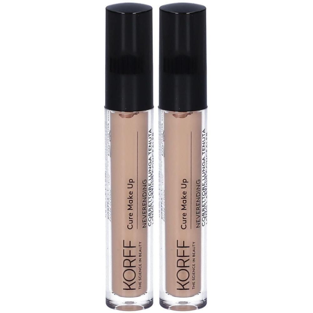 Due correttori KORFF Cure Make Up in flacone trasparente con tappo nero. Tonalità pelle chiara.