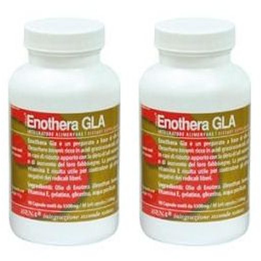 Due flaconi di Enothera GLA, integratore alimentare, con tappi bianchi ed etichette che riportano ingredienti e dosaggio.