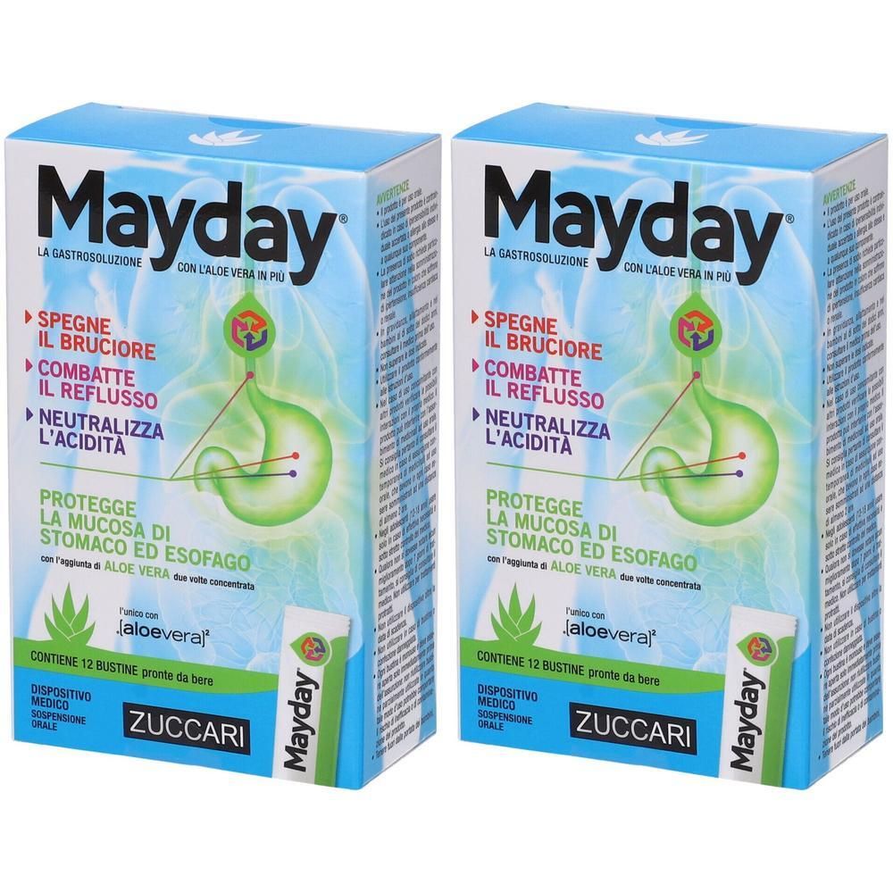 Due confezioni di Mayday Sospensione Orale con aloe vera. Contiene 12 bustine.