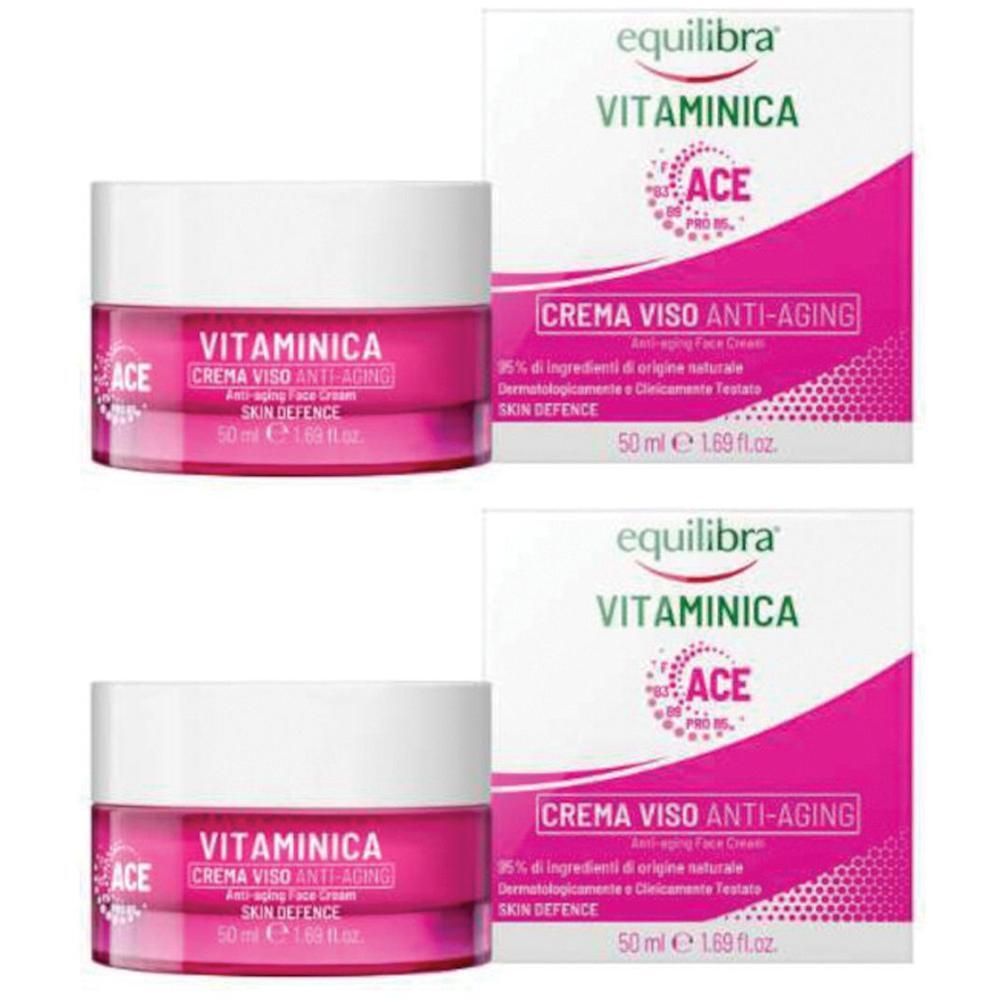 Due vasetti e scatole di Equilibra Vitaminica Crema Viso Anti-Age.