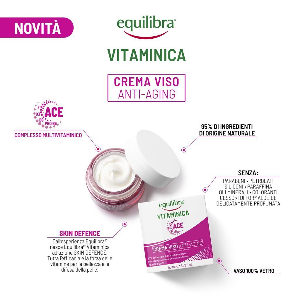 Un vasetto aperto di Equilibra Vitaminica Crema Viso Anti-Age con informazioni su ingredienti e benefici.