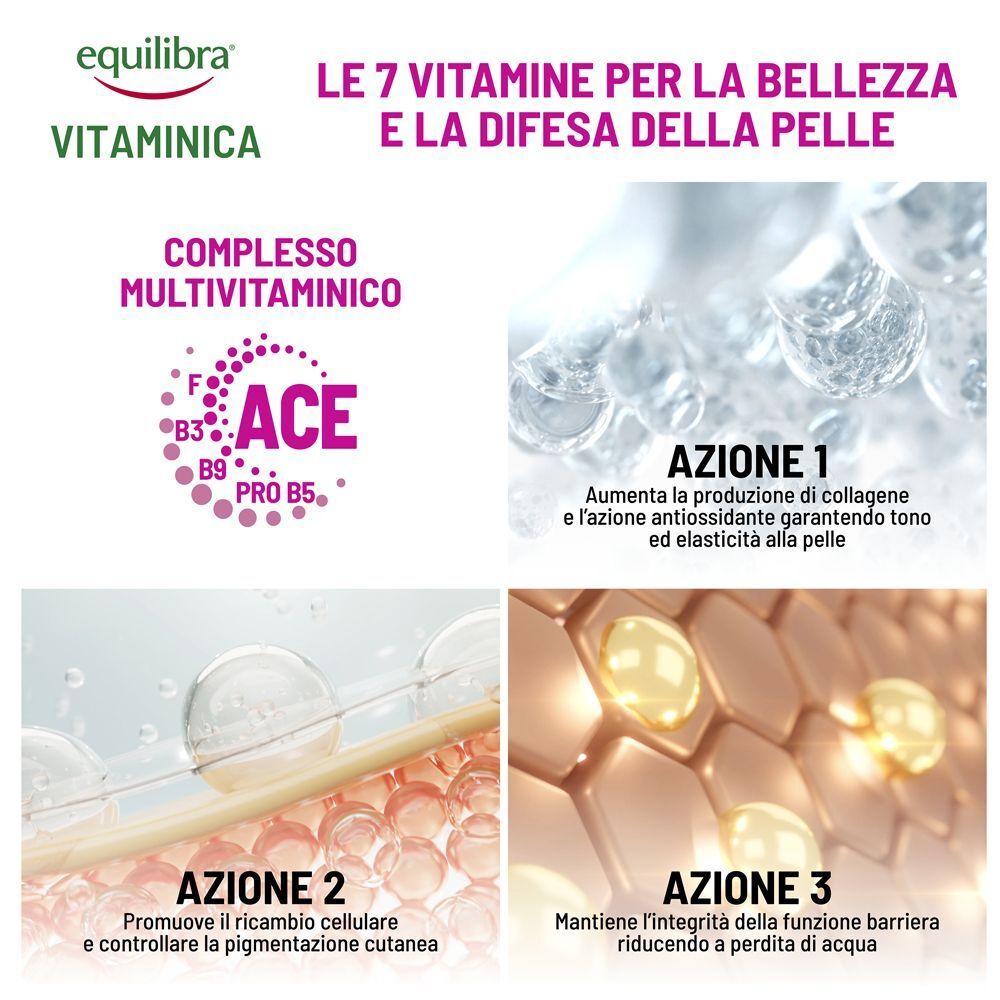 Grafiche che mostrano le 7 vitamine per la bellezza e la difesa della pelle in Equilibra Vitaminica Crema Viso Anti-Age.