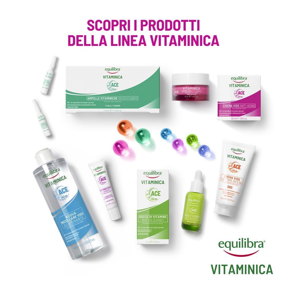 Una selezione di prodotti per la cura della pelle Equilibra Vitaminica, tra cui creme, sieri e lozioni.