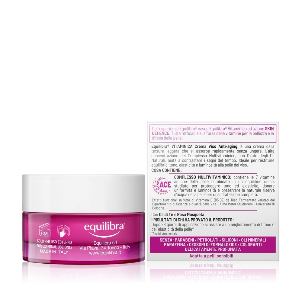 Retro di un vasetto Equilibra Vitaminica Crema Viso Anti-Age con informazioni sul prodotto e ingredienti.