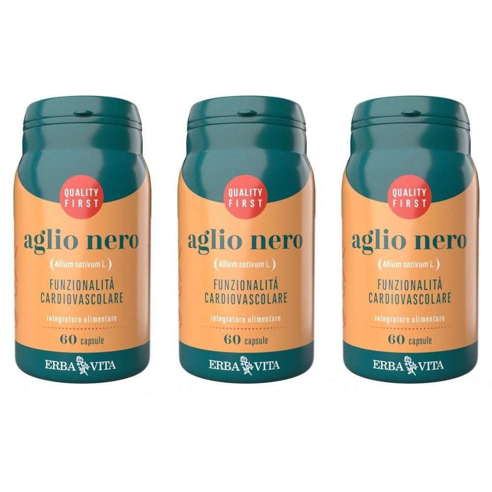 Tre flaconi di capsule Aglio Nero Erba Vita, ciascuno da 60 capsule.