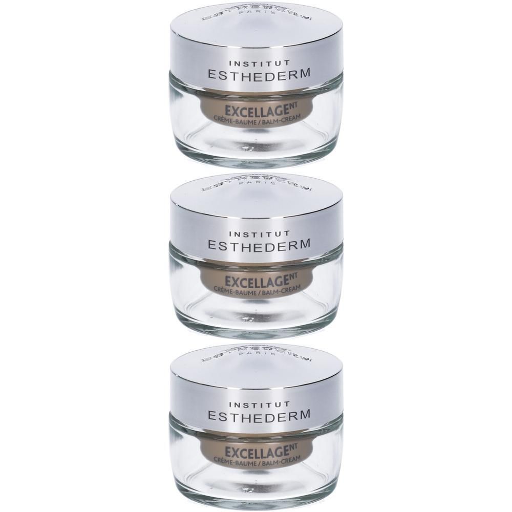 Tre vasetti di balsamo-crema Esthederm Excellage con tappi argentati e corpo in vetro.