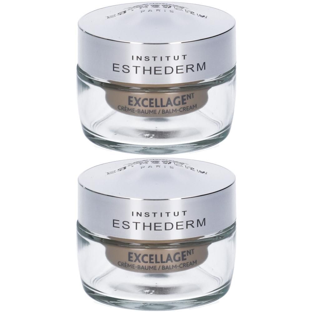 Due vasetti di crema-balsamo Esthederm Excellage con tappi argentati e contenitori in vetro.