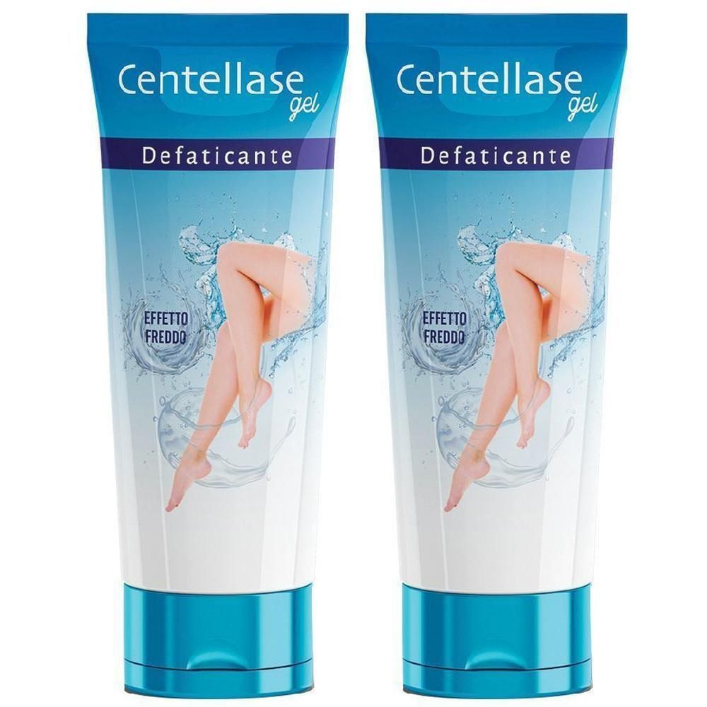 Due tubi di Centellase Gel Defaticante con immagine di gambe e gocce d'acqua.