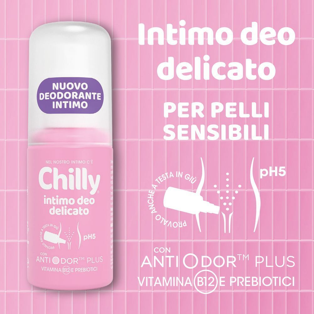 Chilly Intimo Deo Delicato roll-on per pelli sensibili, con AntiOdor Plus, Vitamina B12 e prebiotici.