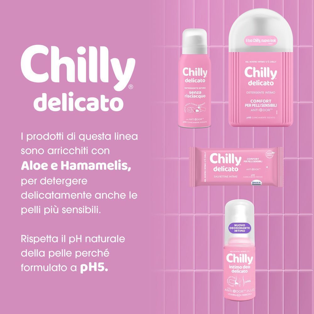 Prodotti Chilly Delicato: spray, dispenser, salviettine e deodorante roll-on rosa.