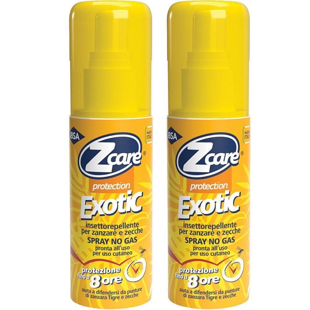 Due flaconi spray gialli Zcare Exotic antizanzare. Protezione 8 ore.