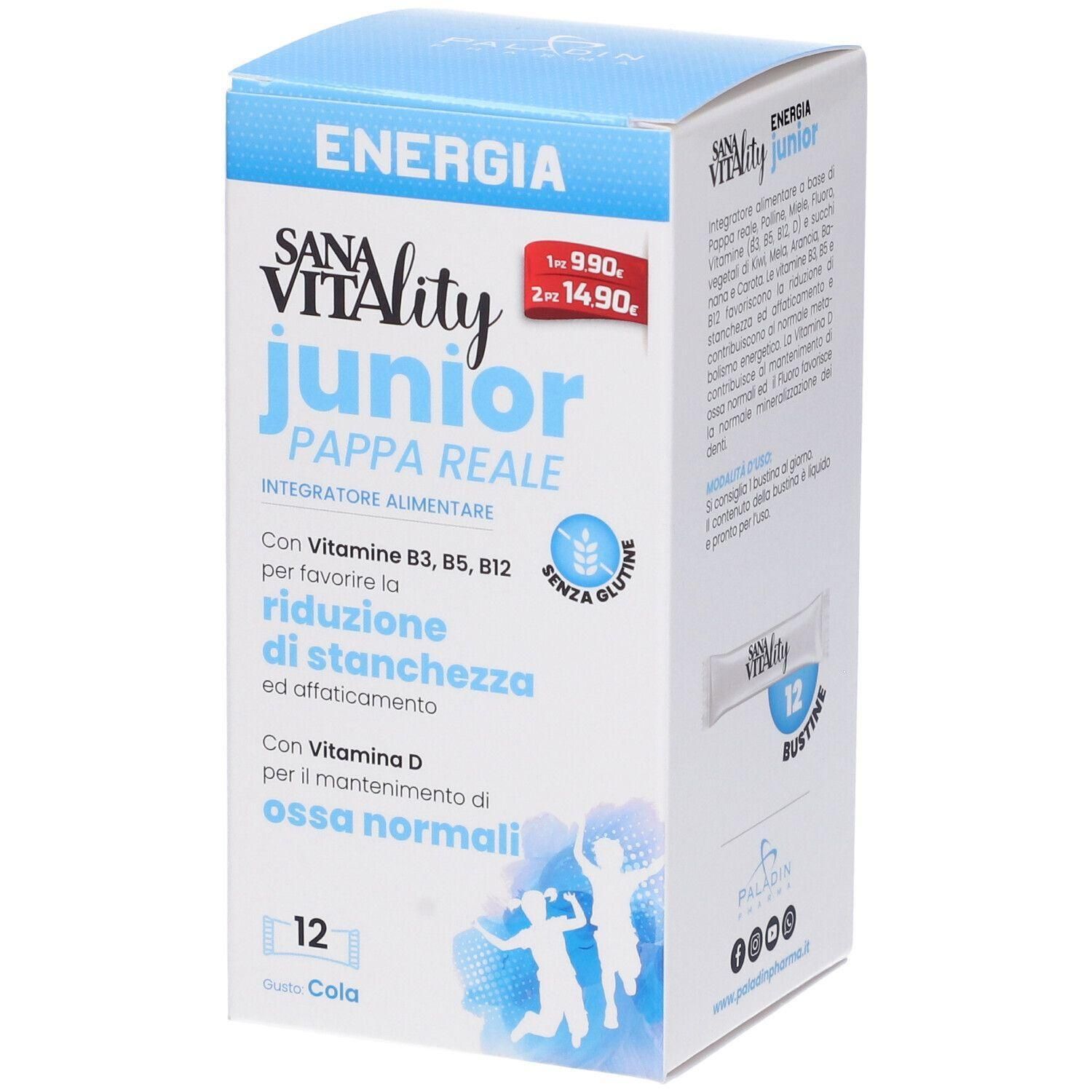 Confezione di Sanavitality Junior Pappa Reale, integratore alimentare con vitamine B3, B5, B12 e D.