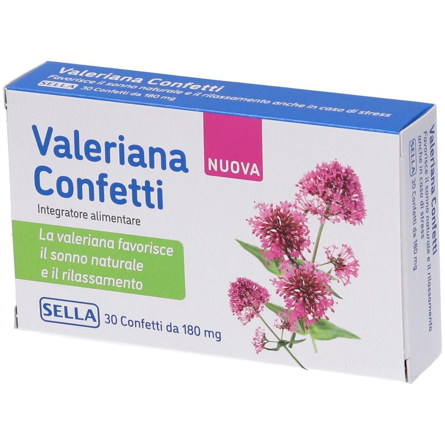 Confezione SELLA Valeriana Confetti da 30 confetti da 180 mg con fiori di valeriana.