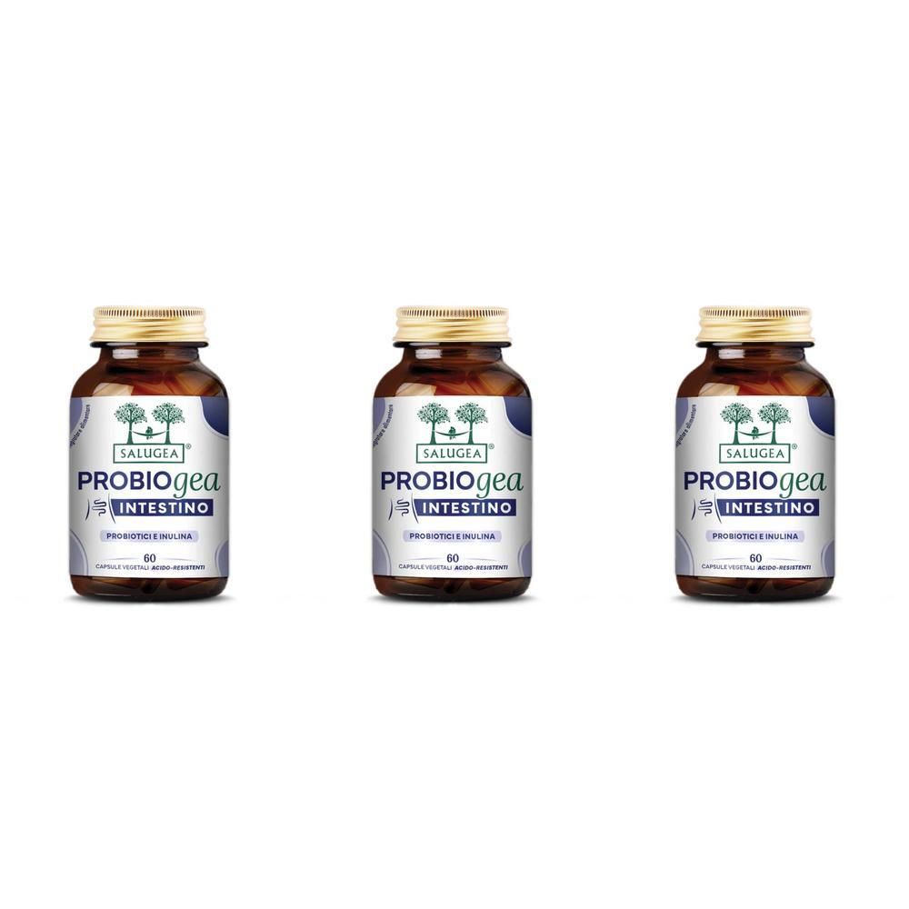 Tre flaconi di Salugea ProbioGea Intestino con etichetta.