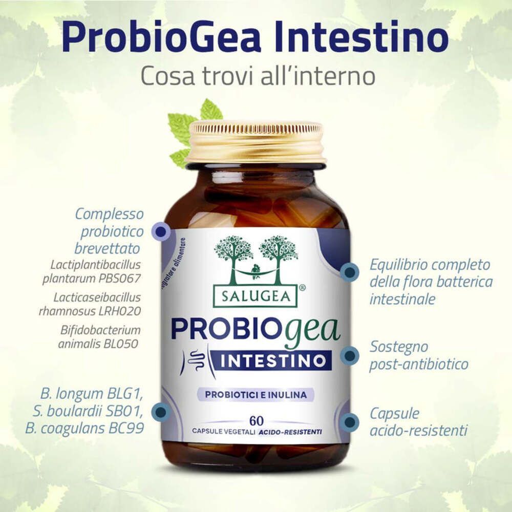 Un flacone di Salugea ProbioGea Intestino con elenco dei ceppi probiotici.