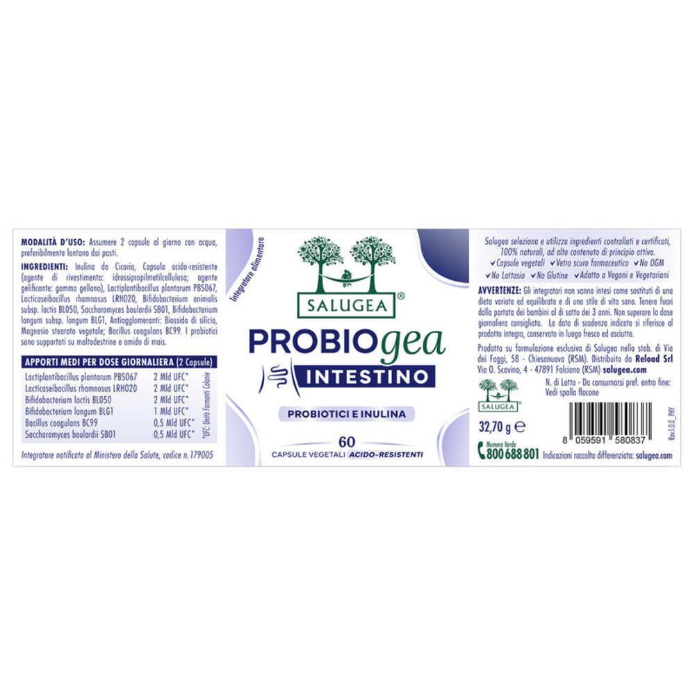 Retro di un flacone di Salugea ProbioGea Intestino con informazioni nutrizionali e codice a barre.