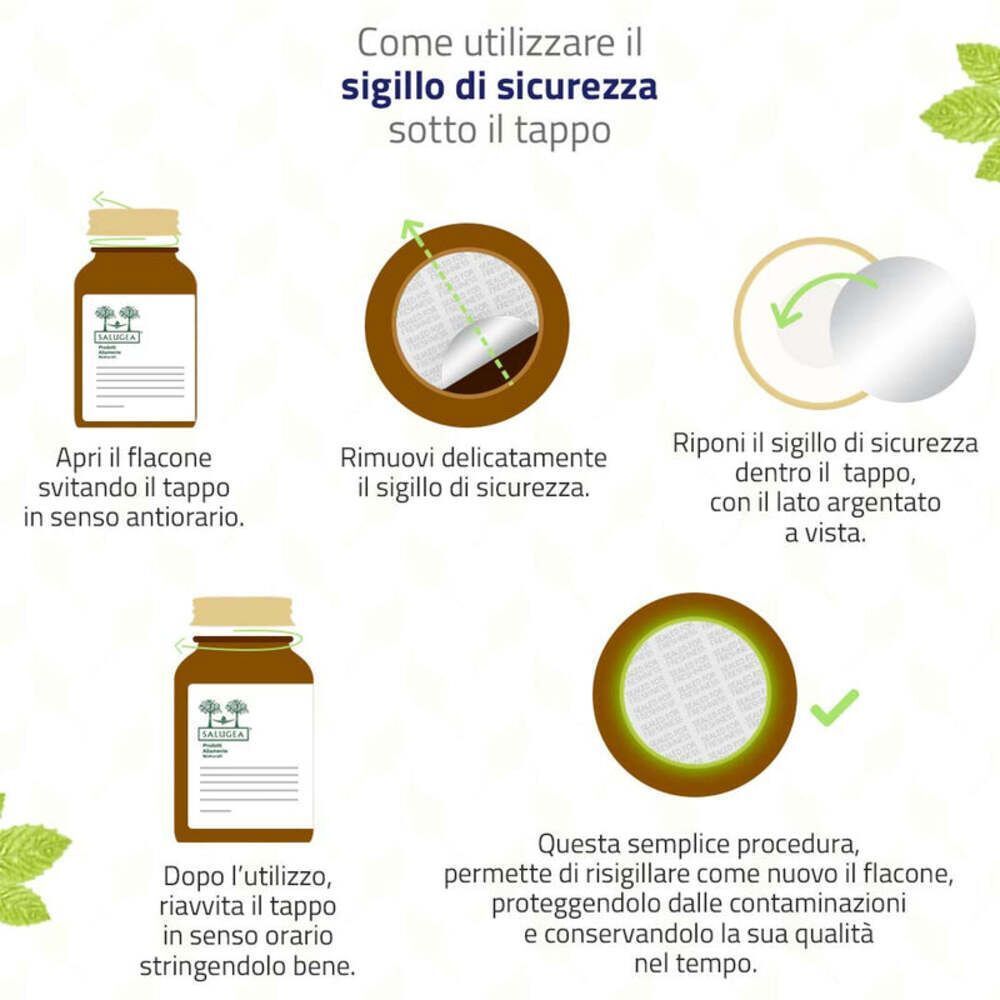 Illustrazioni che mostrano come rimuovere e riapplicare il sigillo di sicurezza sotto il tappo di Salugea ProbioGea Intestino.
