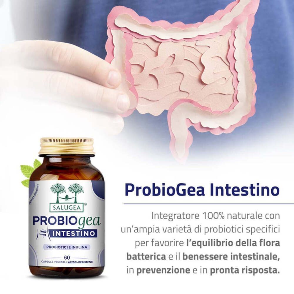 Un flacone di Salugea ProbioGea Intestino davanti a una rappresentazione stilizzata dell'intestino umano e testo che descrive i benefici.