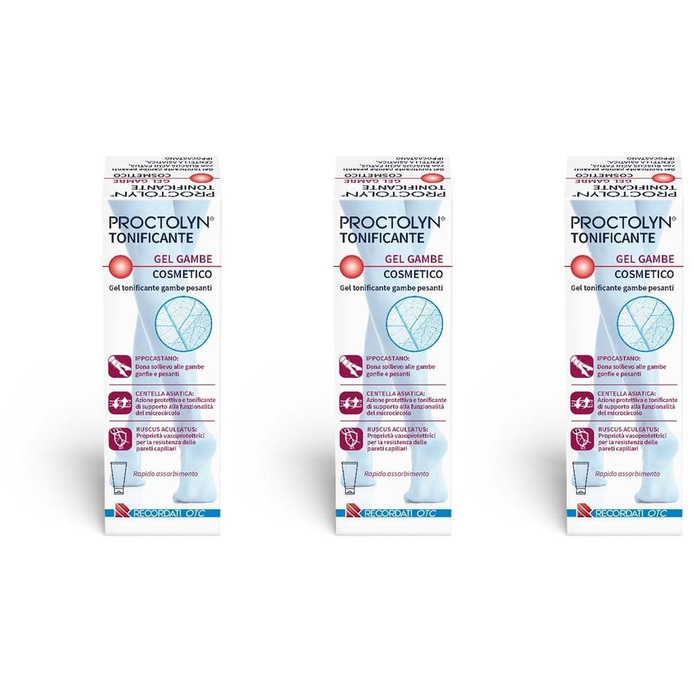Tre confezioni di Proctolyn Tonificante Gel Gambe Cosmetico, gel cosmetico per gambe pesanti.
