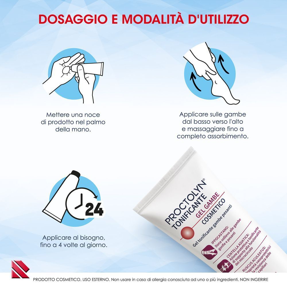 Istruzioni d'uso per Proctolyn Tonificante Gel Gambe Cosmetico con tubo.