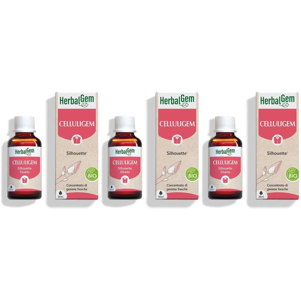 Quattro flaconi e scatole di HerbalGem Celluligem Silhouette, concentrato liquido.